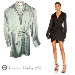NWT Revolve House of Harlow 1960 Green Satin Wrap Tie Draped Mini Dress Medium